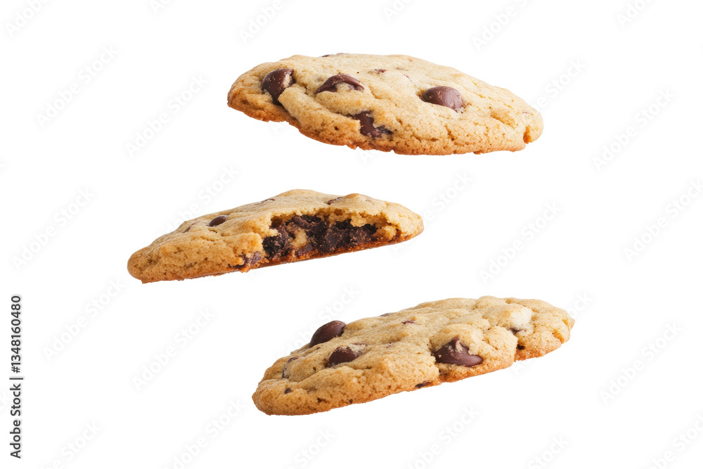 Delicious Chocolate Chip Cookies Stacked and Whole Piece with a Bite Taken Out on Transparent Background Delicious Chocolate Chip Cookies Stacked and Whole Piece with a Bite Taken Out on Transparent Background