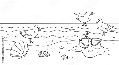 simple black and white beach coloring page for kids
