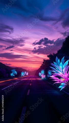 Surreal Twilight Highway with Luminescent Flowers