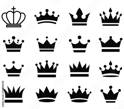 Crown icons black silhouettes. Thin line royal crown icon design. Line art prince and princess luxurious head accessories. Simple graffiti crowning, elegant queen or king crowns hand drawn vector.