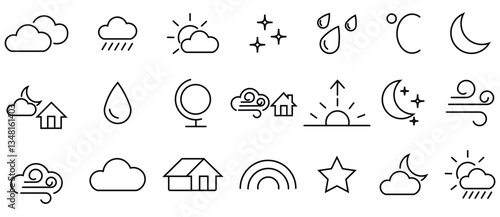 Weather Icons Pack. Simple icon set related to weather. Clouds, wind, weather forecast, snow, rain, sun, moon, snowflakes and storm. Simple modern design. Vector illustration.