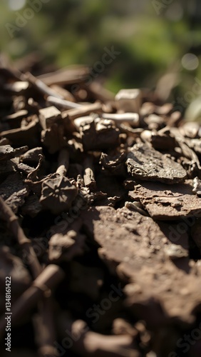 Textured Wood Debris in Sunlit Forest