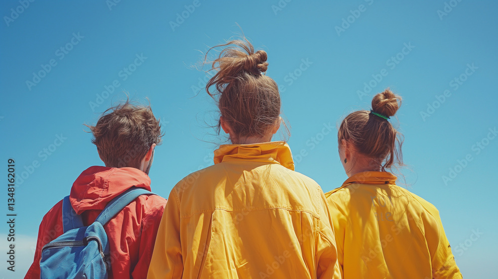 Fototapeta premium Three young adults with backpacks looking at the sky.