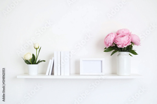 vase of flowers sitting on top of a table next to a picture frame