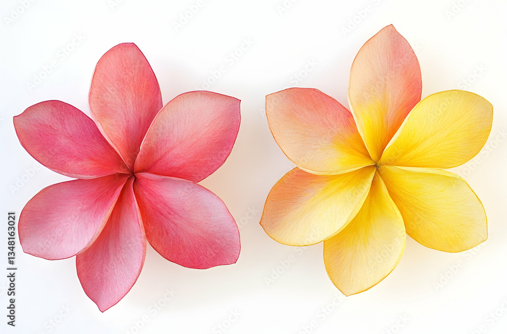 Fototapeta premium Delicate Pink And Yellow Plumeria Flowers On A Soft White Background