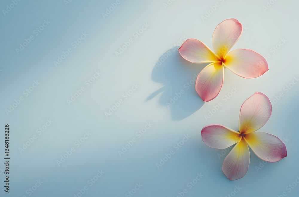 Naklejka premium Two Pink And Yellow Plumeria Flowers On A Soft Blue Background With Gentle Shadows And Soft Lighting. Floral Arrangement Details. Closeup Of Flowers. Tropical Bloom Natural