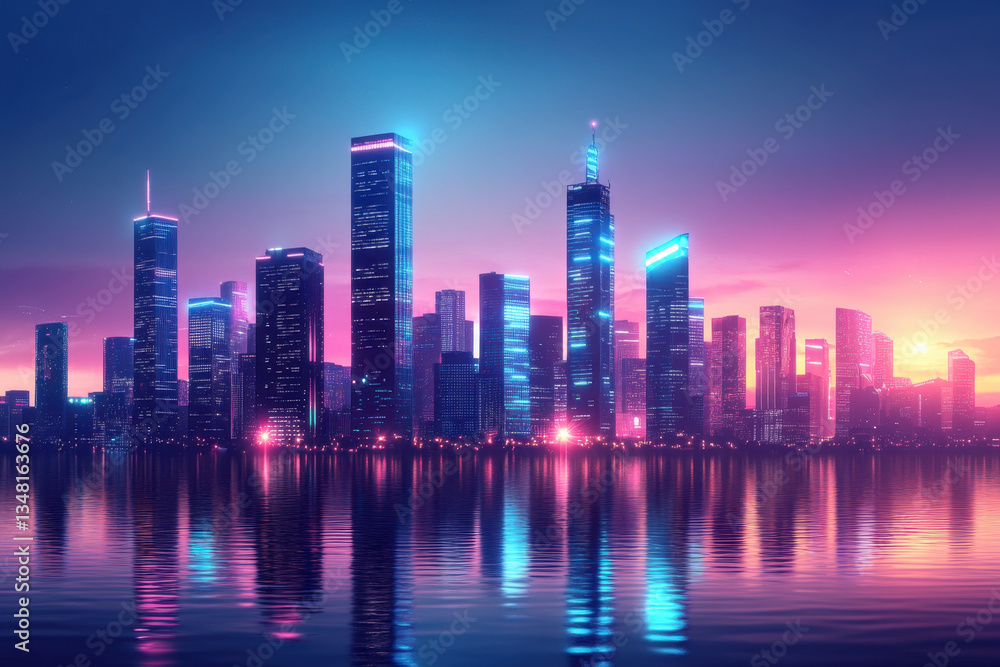 Fototapeta premium City at night, bright light illuminating the skyline, casting a warm glow over buildings and reflecting on water below.