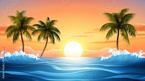 Tropical Sunset over Ocean Waves