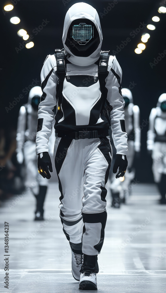 custom made wallpaper toronto digitalfuturistic fashion show featuring AI designed clothing, showcasing model in sleek, high tech outfit with helmet and digital display. atmosphere is innovative and captivating