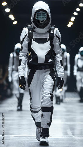 Wallpaper Mural futuristic fashion show featuring AI designed clothing, showcasing model in sleek, high tech outfit with helmet and digital display. atmosphere is innovative and captivating Torontodigital.ca