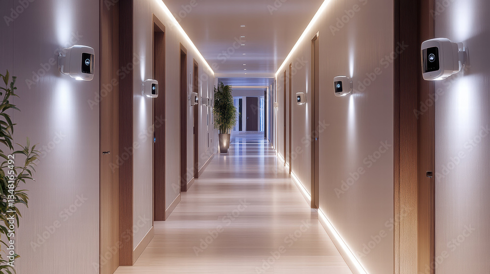 modern hallway featuring smart security cameras and motion sensors, illuminated by soft lighting, creates secure and inviting atmosphere. sleek design enhances overall aesthetic appeal modern hallway featuring smart security cameras and motion sensors, illuminated by soft lighting, creates secure and inviting atmosphere. sleek design enhances overall aesthetic appeal