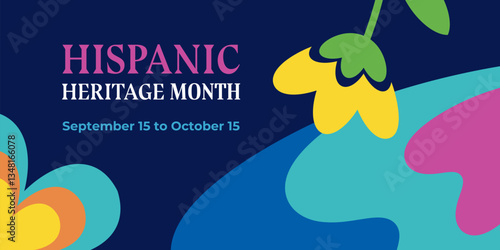 Hispanic heritage month. Vector web banner, poster, card for social media, networks. Greeting with national Hispanic heritage month text, floral ornament on blue background.