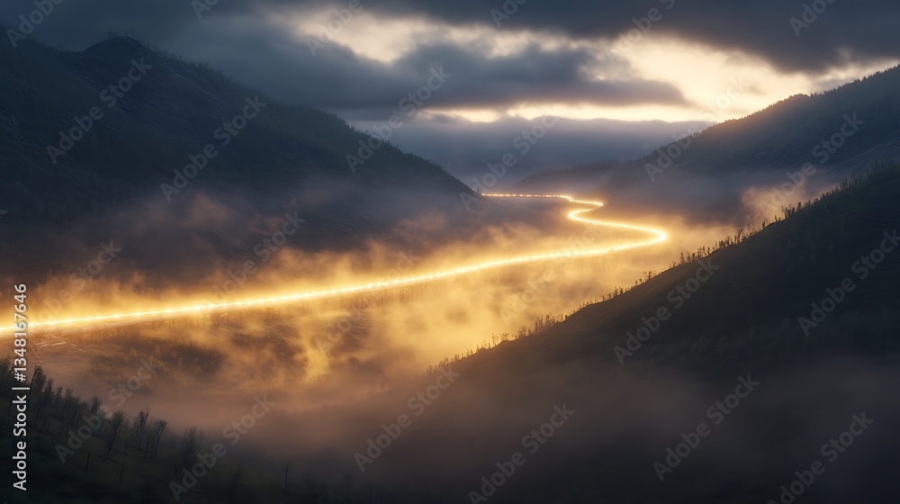 A winding road illuminated by light cuts through a misty valley surrounded by mountains.