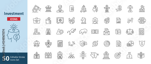 Investment Line Icons Set. Property, Economy, Portfolio, Strategy, Banking, Money, Investor, Currency, Retirement, Wealth Icons. Editable Stroke Vector Illustration