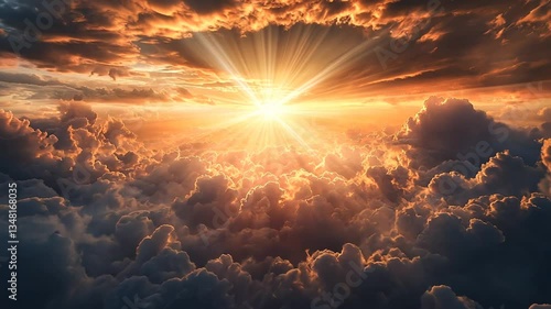 Dramatic sky with glowing sun and puffy clouds creating a serene and heavenly view