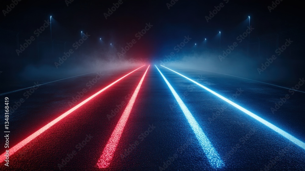 Obraz premium Glowing road lines, red and blue, light posts under a dark misty night atmosphere
