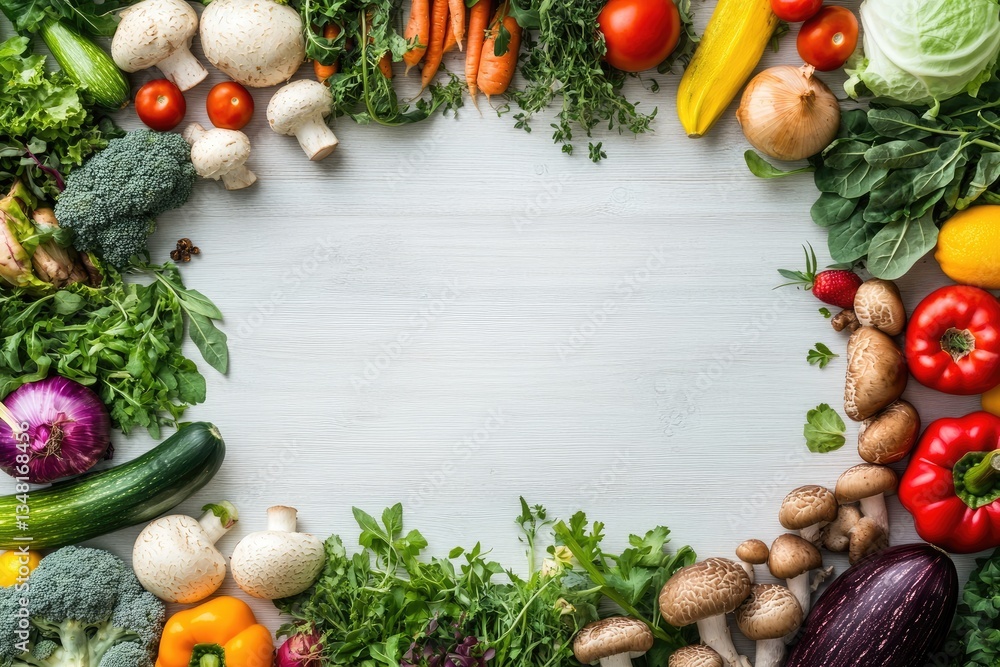 Vibrant fresh vegetables arranged in a circle on a white background, leaving a central empty space Vibrant fresh vegetables arranged in a circle on a white background, leaving a central empty space