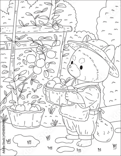 Coloring picture of cute fox harvesting oranges