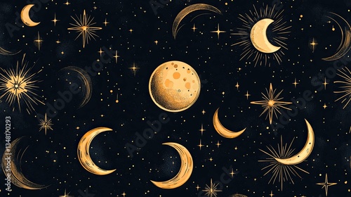Artistic celestial pattern features moons stars and cosmic night sky