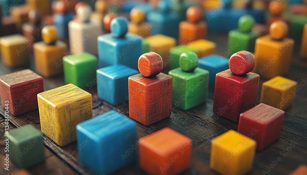 Ultradetailed isometric 3D render of a wooden desk with colorful peopleicon blocks arranged in a strategic pattern Ultradetailed isometric 3D render of a wooden desk with colorful peopleicon blocks arranged in a strategic pattern