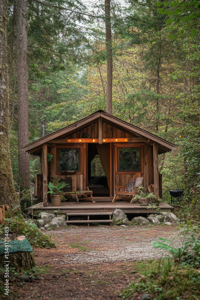 Wooden house in the forest with traditional architecture surrounded by trees and grass in a rural, natural setting during summer Wooden house in the forest with traditional architecture surrounded by trees and grass in a rural, natural setting during summer