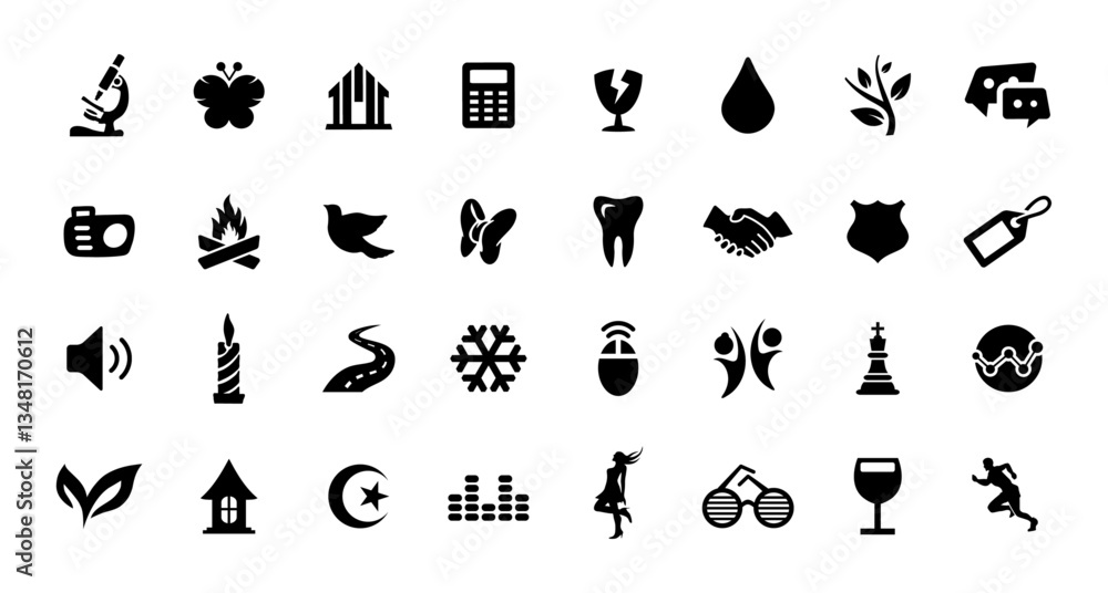 Big Icon Set. Home, Fire, Chess, Mouse, Camera, Water Drop, Wine Glass, Apple, Champion, Puzzle, Shield, Audio, Castle, Briefcase, Teeth, Calculator Icons Vector Illustration Big Icon Set. Home, Fire, Chess, Mouse, Camera, Water Drop, Wine Glass, Apple, Champion, Puzzle, Shield, Audio, Castle, Briefcase, Teeth, Calculator Icons Vector Illustration
