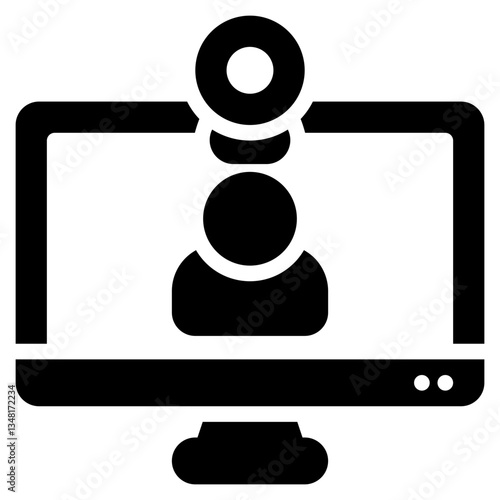 Computer monitor displays person with microphone. Ideal for virtual meetings, online presentations, video conferences, remote work, communication concepts.