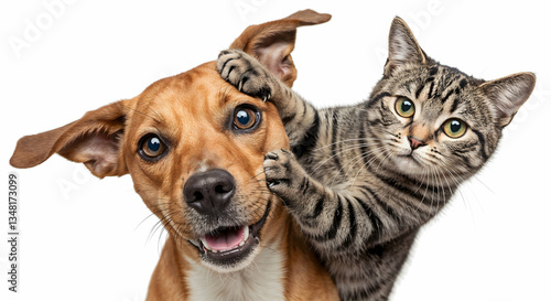 Playful Tabby cat and Dog