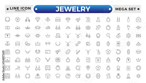 Jewelry icon set. Simple Set of Jewelry Related Vector Line Icons. Contains such Icons as Earrings, Body Crosses, and Engagement rings. Editable stroke outline icon. 