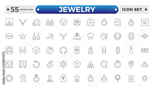 Jewelry icon set. Simple Set of Jewelry Related Vector Line Icons. Contains such Icons as Earrings, Body Crosses, and Engagement rings. Editable stroke outline icon. 