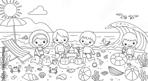 simple black and white beach coloring page for kids
