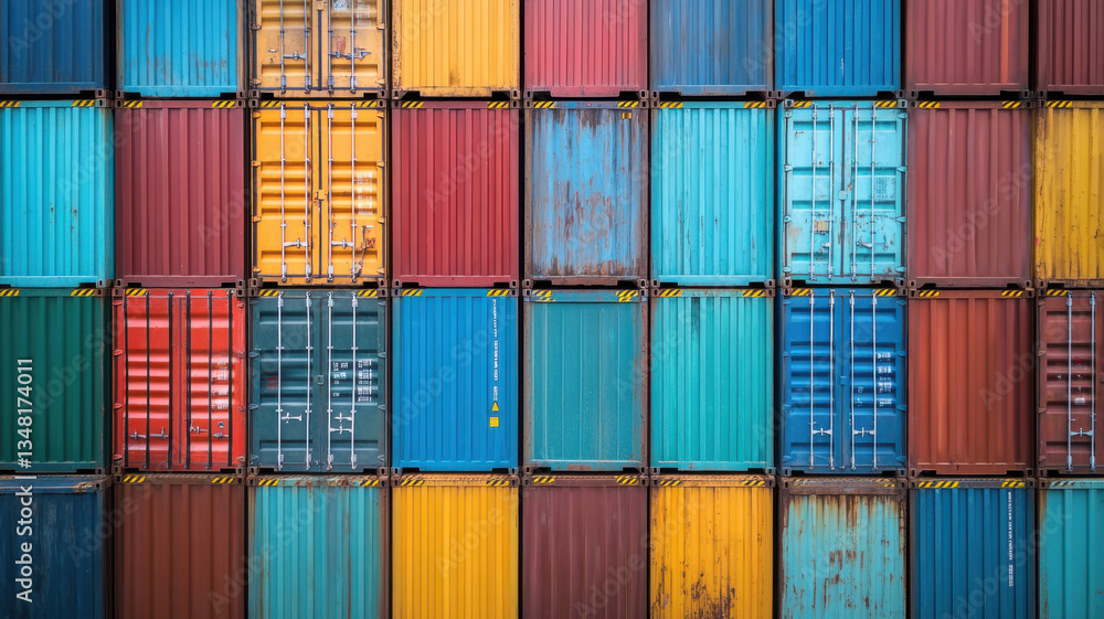 Fototapeta premium Stacked shipping containers at a busy port, global trad