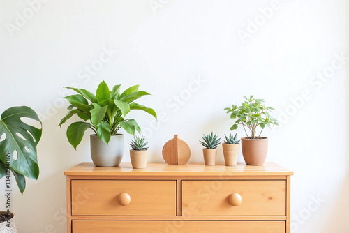 wooden dresser with potted plants on top of it