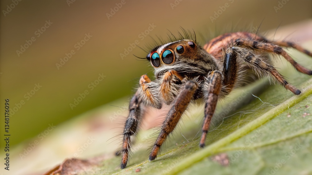 Fototapeta premium Tiny Explorer: A close-up shot showcases a captivating jumping spider with detailed eyes resting gracefully on a vibrant leaf, highlighting its intricate features.