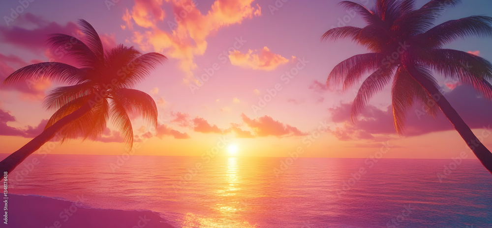 Breathtaking Tropical Sunset Over Calm Ocean with Silhouetted Palm Trees and Vibrant Skies of Colors and Reflections near the Horizon Line. , Landscape of Natural Beauty. Breathtaking Tropical Sunset Over Calm Ocean with Silhouetted Palm Trees and Vibrant Skies of Colors and Reflections near the Horizon Line. , Landscape of Natural Beauty.