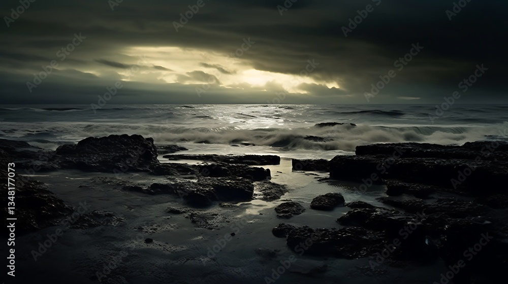 Dark Ocean Waves Crashing Against Rocky Shore Dark Ocean Waves Crashing Against Rocky Shore