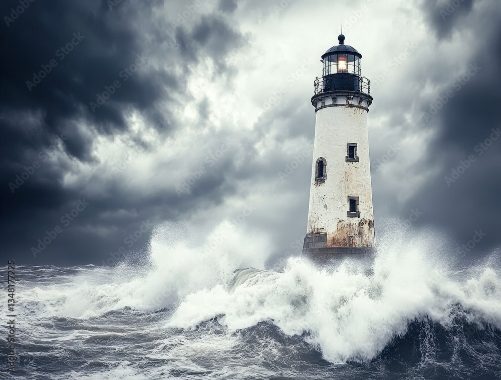 Lighthouse in Stormy Sea Waves Lighthouse in Stormy Sea Waves