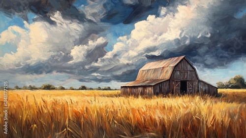 A weathered barn stands alone in a field of golden wheat, under a dramatic sky filled with clouds
