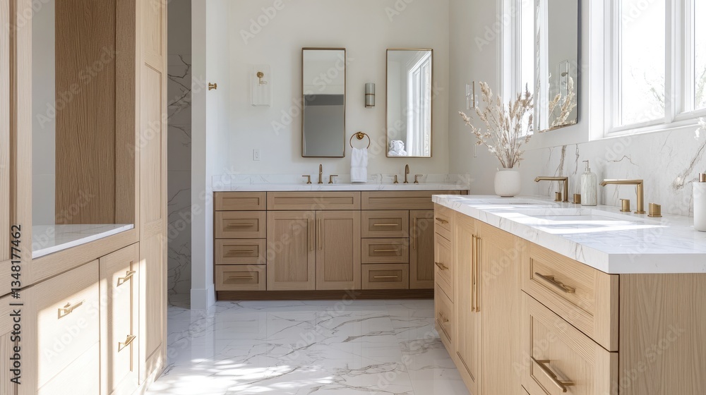 Fototapeta premium Modern Bathroom with Double Vanity and Marble Accents