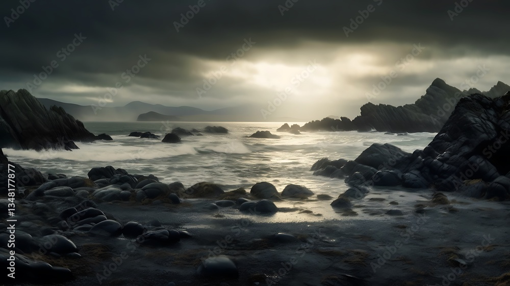 Dramatic Coastal Scene With Dark Rocks and Stormy Sea Dramatic Coastal Scene With Dark Rocks and Stormy Sea