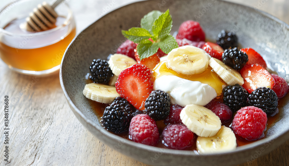 Honey Yogurt with Berries and Banana Slices Honey Yogurt with Berries and Banana Slices