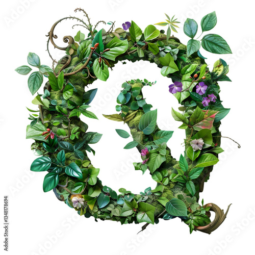 Letters Q, Alphabet Made plant elements like leaves, flowers, or vines isolated on a transparent background