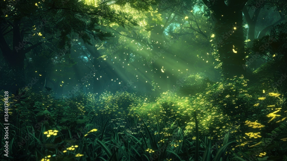 A digitally generated image of a forest with glowing plants. A digitally generated image of a forest with glowing plants.