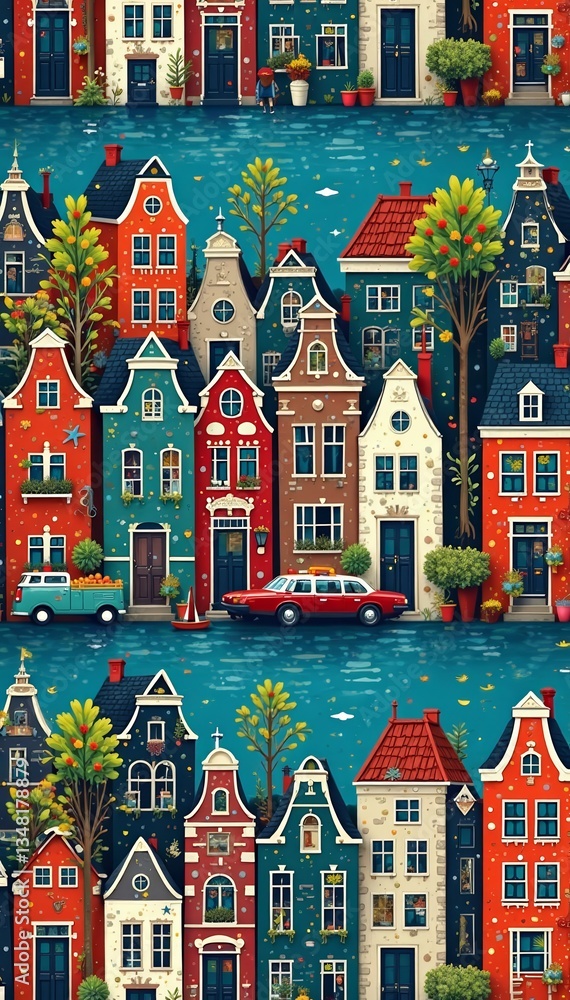 Vibrant Amsterdam cityscape seamless pattern with iconic houses and canals, streets, Holland Vibrant Amsterdam cityscape seamless pattern with iconic houses and canals, streets, Holland