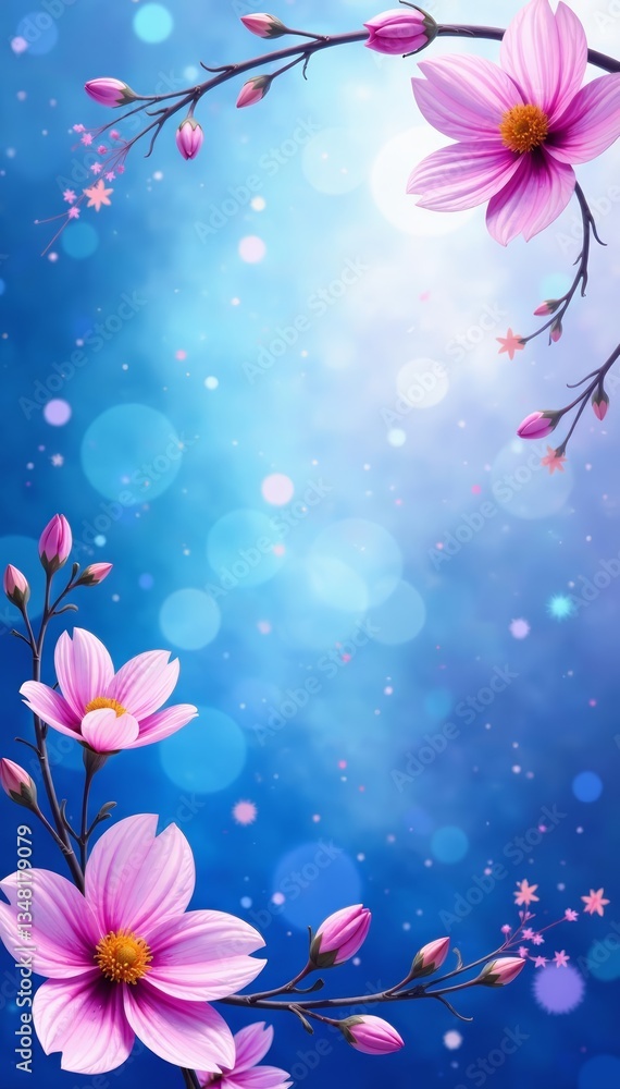 Fototapeta premium Vibrant blue and purple watercolor wallpaper with delicate floral motifs, vibrant, floral, art