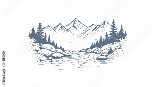 Mountains river landscape. Pines rocks nature scene. Perfect adventure travel tourism. Hand drawn print engraving t-shirt print vector illustration