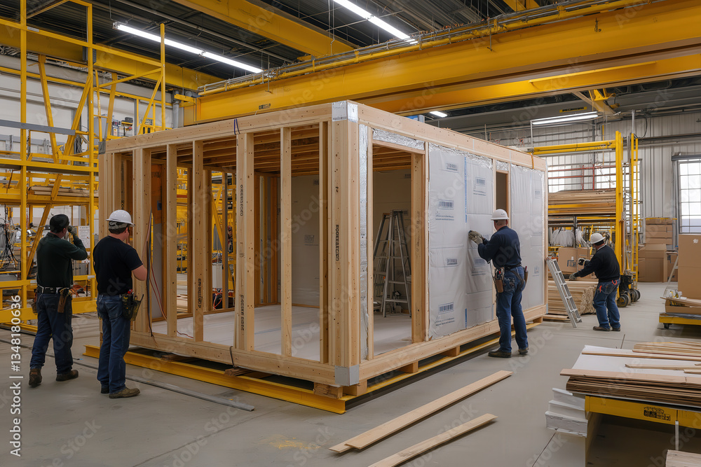 custom made wallpaper toronto digitalConstruction workers assembling modular wooden home in industrial factory with yellow framework