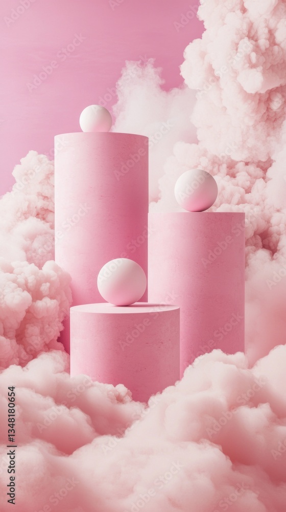 Pink smoke and three pink pillars with white balls on top Pink smoke and three pink pillars with white balls on top