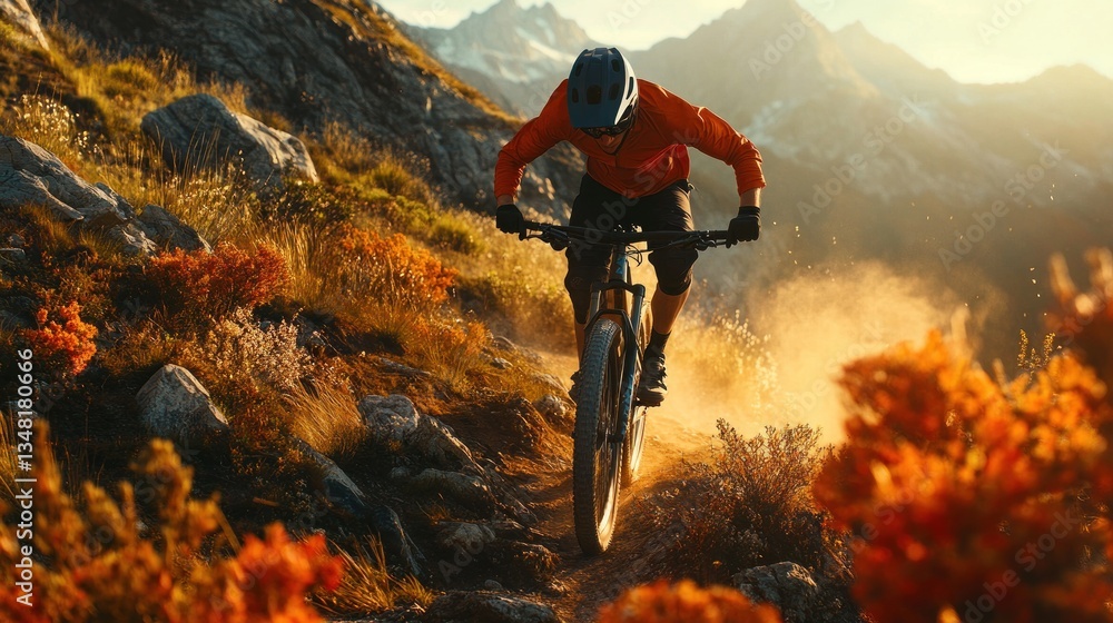 Obraz premium Mountain Biking Adventure: Epic Descent Through Autumnal Landscape