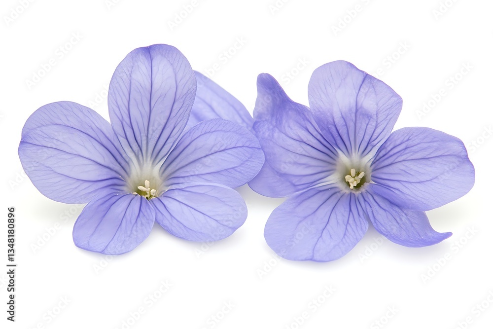 Obraz premium Close-up of delicate light purple flax flowers isolated on white background. Possible use Floral background for product photography or nature themed design